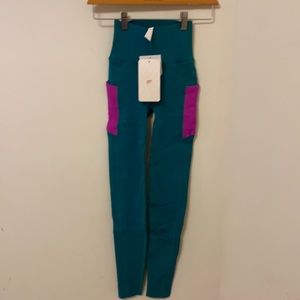 Fabletics High Waisted Sculptknits Pocket Teal and Pink Leggings, XSmall